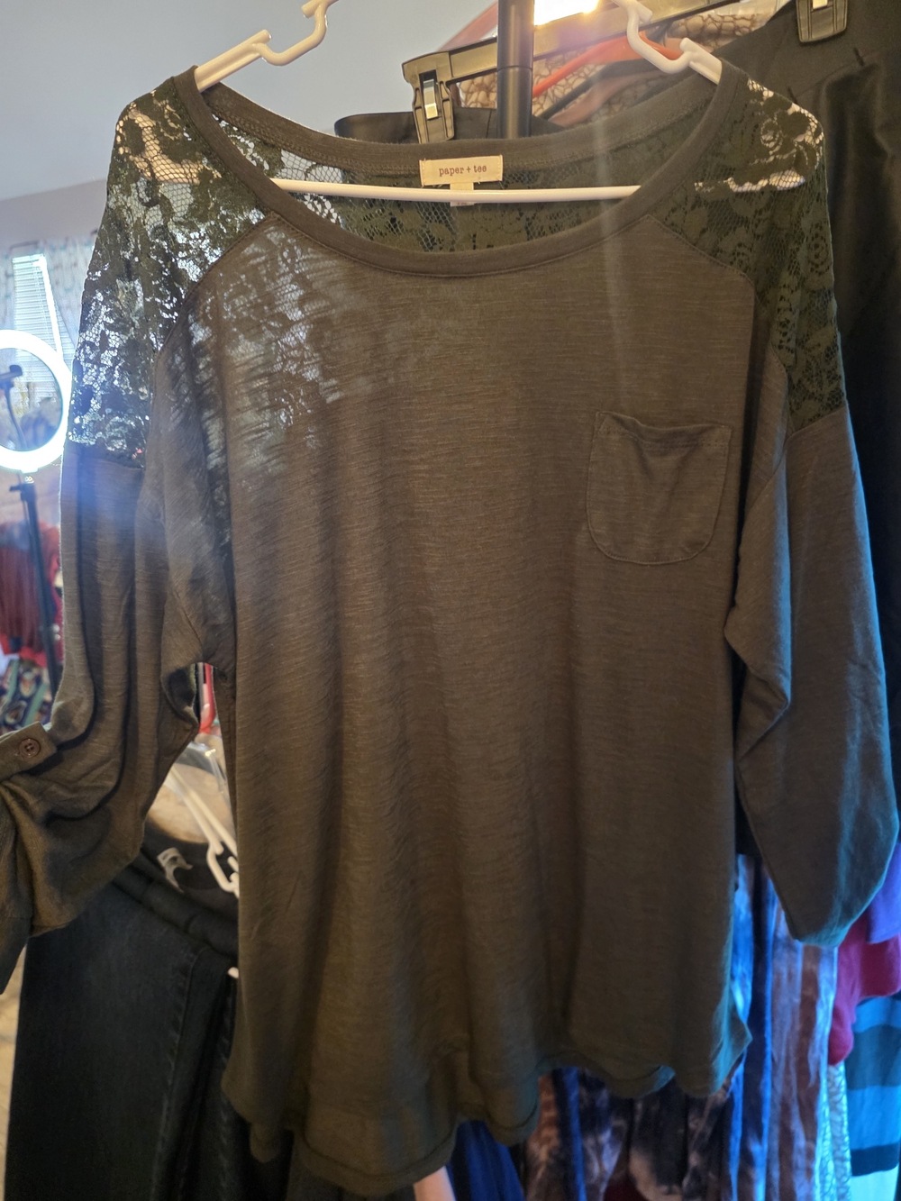 Paper + Tee Olive Green Lace Shoulder Top